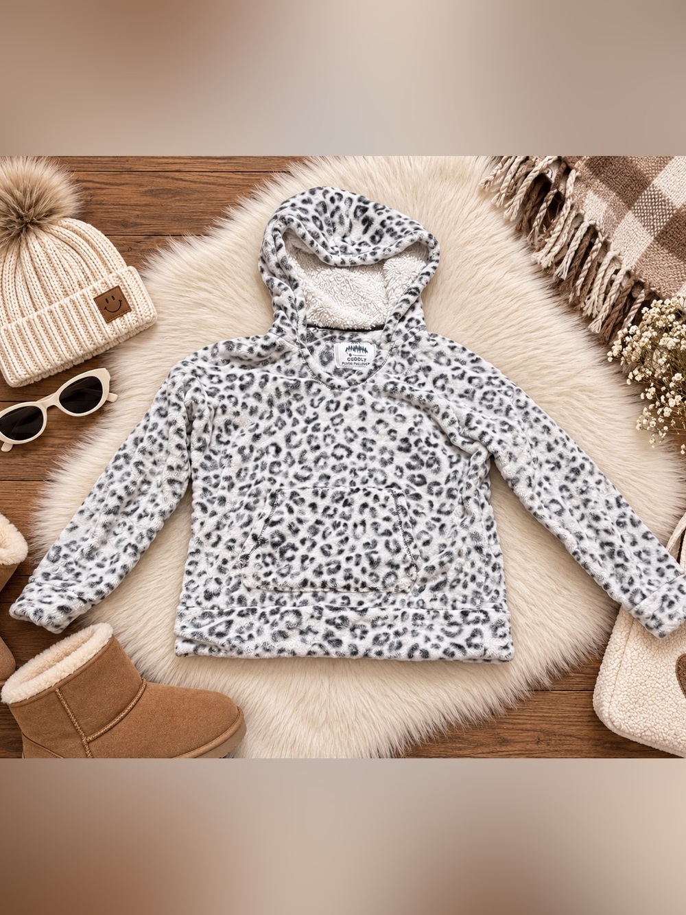 Member’s Mark Girls Leopard Cuddly Plush Sherpa Hoodie Gray Size 10/12